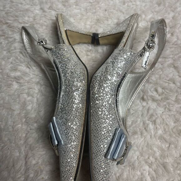 EY Boutique silver glitter &patent silver trim 3”heels satin gray bow accentSZ12 - Picture 10 of 13